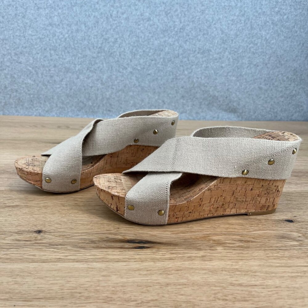 Lucky Brand Miller Wedges Heel Sandals Size 10 Tan Fabric Cork Studded Platform